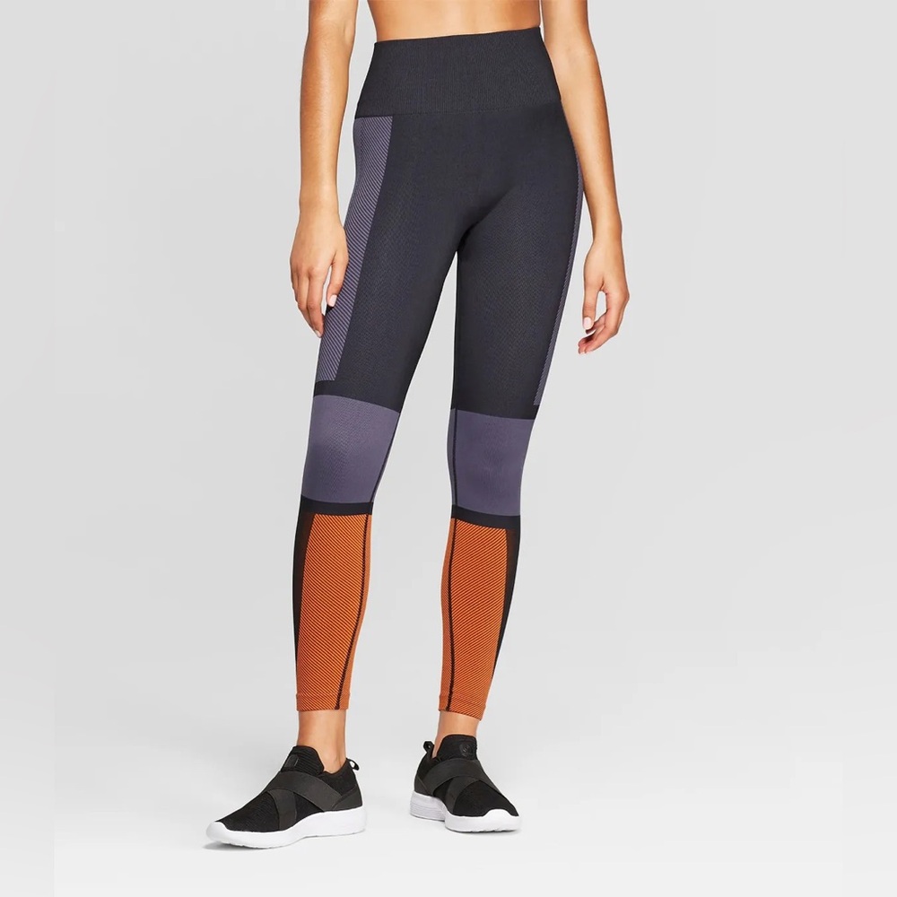 High-Waist Colorblock Active Leggings - Black, Gray & Rust